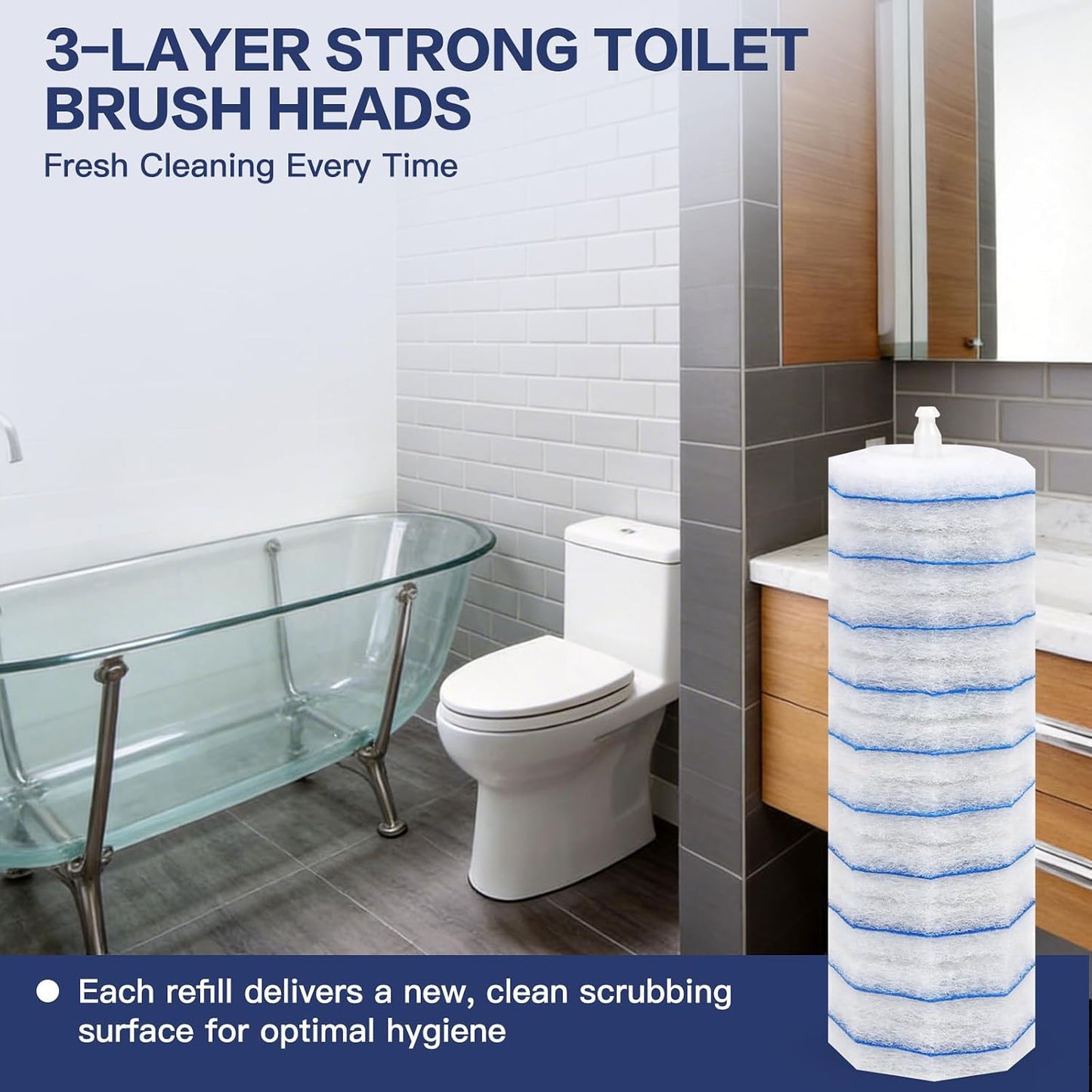 50 Pack Disposable Toilet Brush Refills, Universal Compatible Replacement Heads, 3-Layer Deep Cleaning Sponges for Bathroom Wand, Blue & White Striped Scrubbers