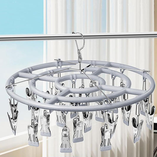 Stainless Steel Clothes Drying Rack with 24 Clips, Swivel Hook Windproof Hanger for Sock, Bras, Towel, Underwear, Laundry, Hat, Scarf, Pants, Gloves (Gray Clips)