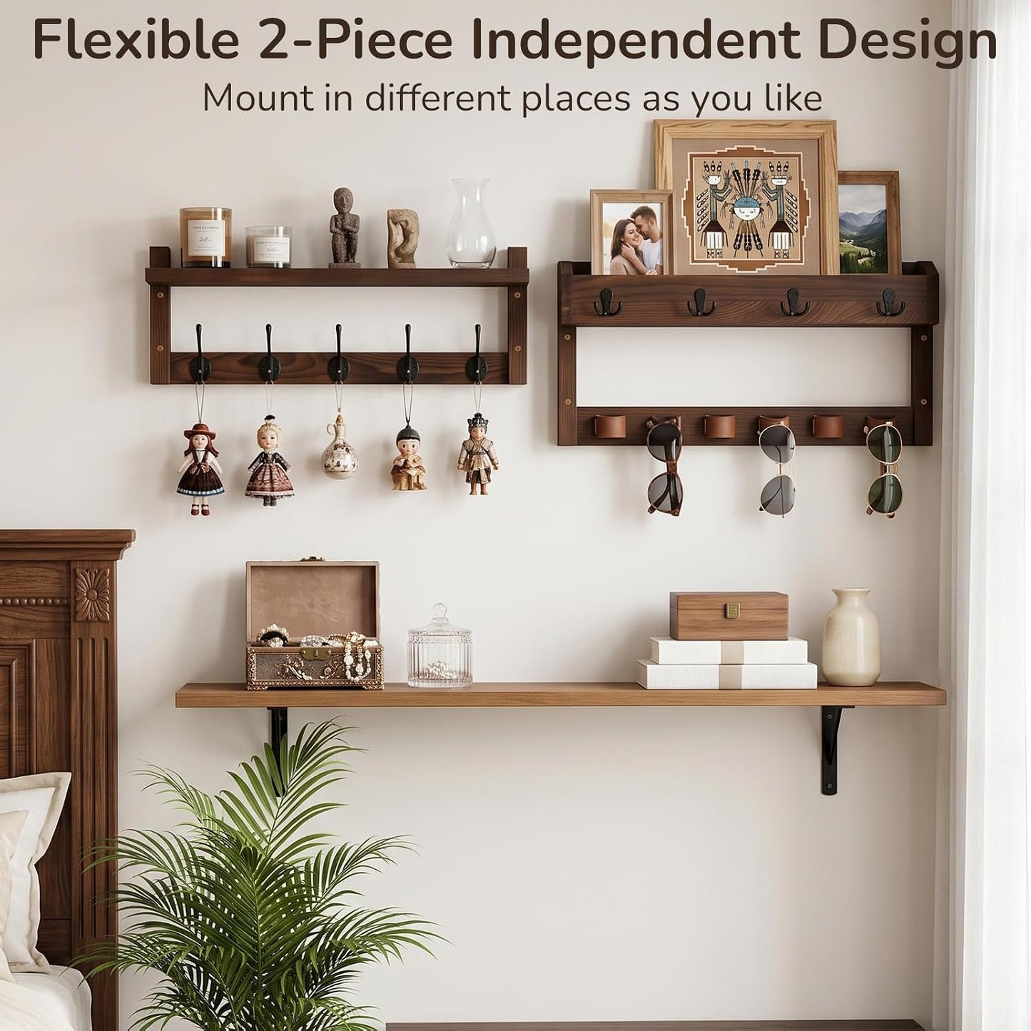 Wooden Key Holder Wall Mount with Shelf, Wall Key Rack and Mail Holder with 9 Key Hooks and 6 Sunglasses Holders, Farmhouse Key Hanger for Entryway Living Room Bedroom, Black