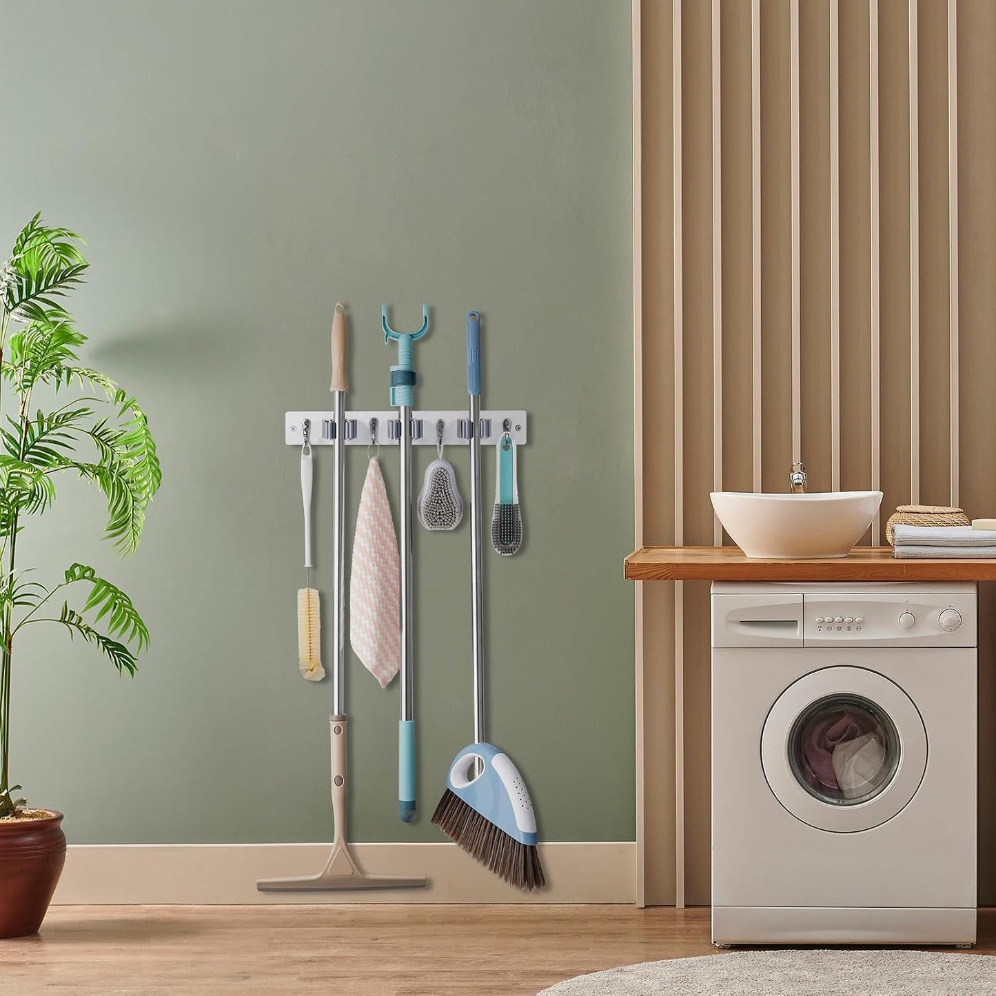 OUTNILI Mop and Broom Holder Wall Mount - Wood Broom Mop Hanger - Wall Mounted Garden Tool Rack Organizer for Closet Garage Laundry Room for Rustic Kitchen Decor With 5 Slots & 4 Hooks