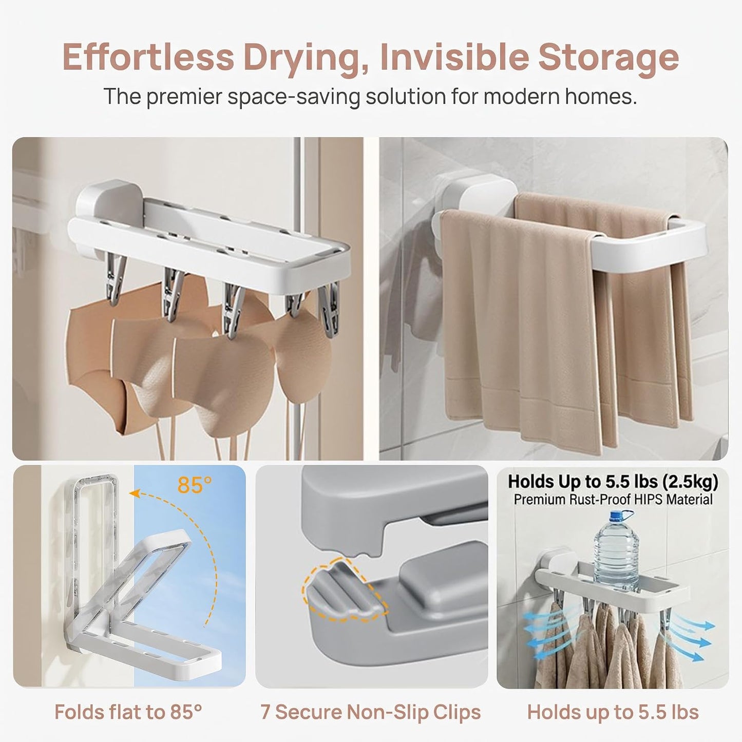 Foldable Wall Mounted Drying Rack with 7 Hidden Clips, Punch-Free Adhesive Sock & Underwear Hanger, Collapsible Space-Saving Laundry Rack for Bathroom, Balcony & Washstand, Holds 11 lbs (White-1 Pcs)