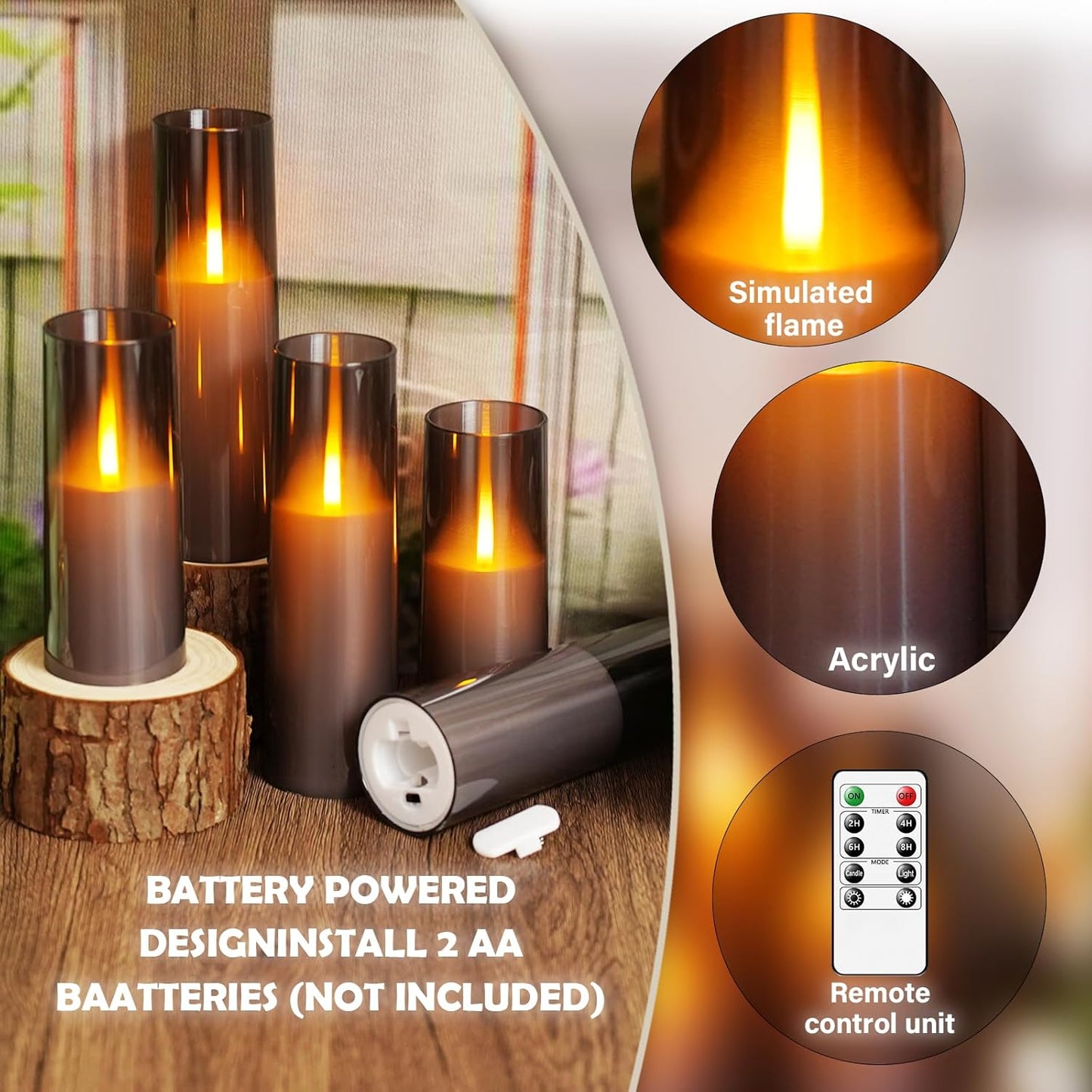 kakoya Flameless Candles Upgraded Realistic Flickering Flame,Battery Operated LED Candles with Remote Timers,Acrylic Electric Candles Set of 3(D 3" xH 4" 5" 6")（Grey）