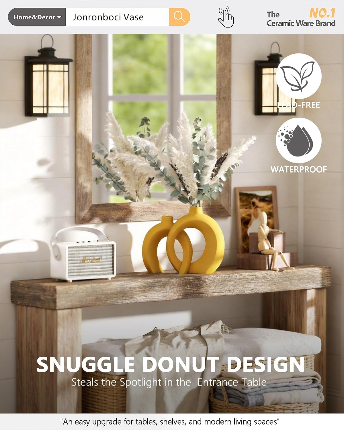 7.2″Hx8.9″H Donut Shape Decorative Vase Set of 2, Ceramic, Modern Minimalism Styles, Flowers or Plant Table Vases for Home Decor Living Room Shelf Entry Console Mantle Dining Centerpiece (Matte White)
