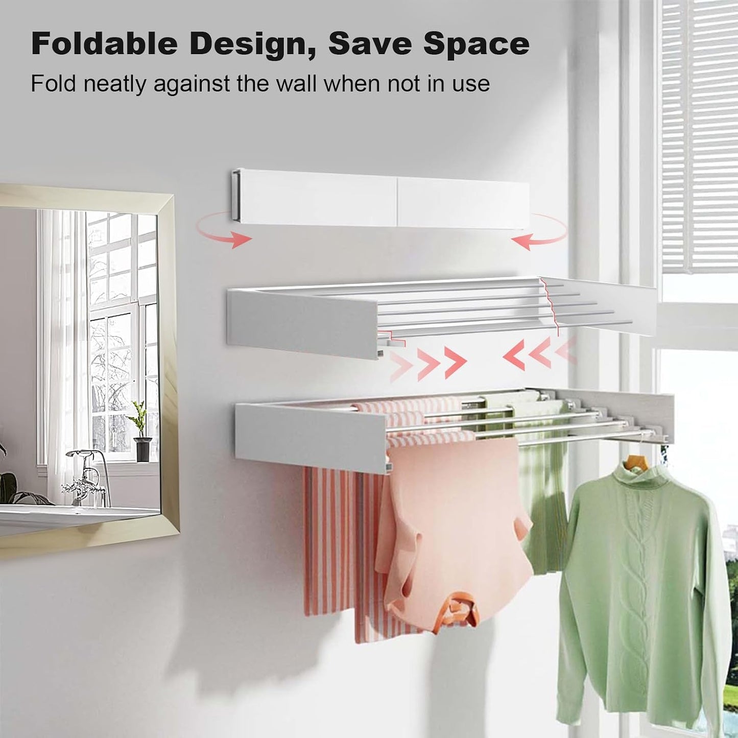 Wall Mounted Drying Rack, Laundry Drying Rack Collapsible with Aluminum Rods Foldable Indoor Retractable Clothes Hanging Rack for Bathroom Laundry, Space Saving 31.5"