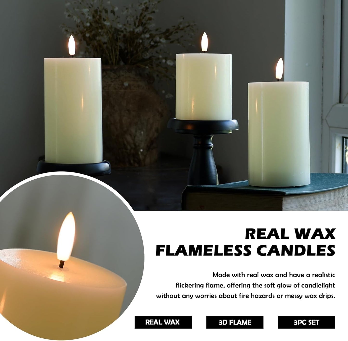 JOIONE Flameless Pillar Candles with Remote, 3 Pack Battery Operated Real Wax LED Candles, LED Candle that Perfect for Home Decorations Fireplace Table, White