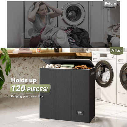 SOLEDI 180L Laundry Hamper 3 Section, Extra Large Laundry Hamper with Lid, Dirty Clothes Hamper with Sturdy Handle, Large Laundry Basket Organizer for Laundry Room, Bedroom, Hampers for Laundry