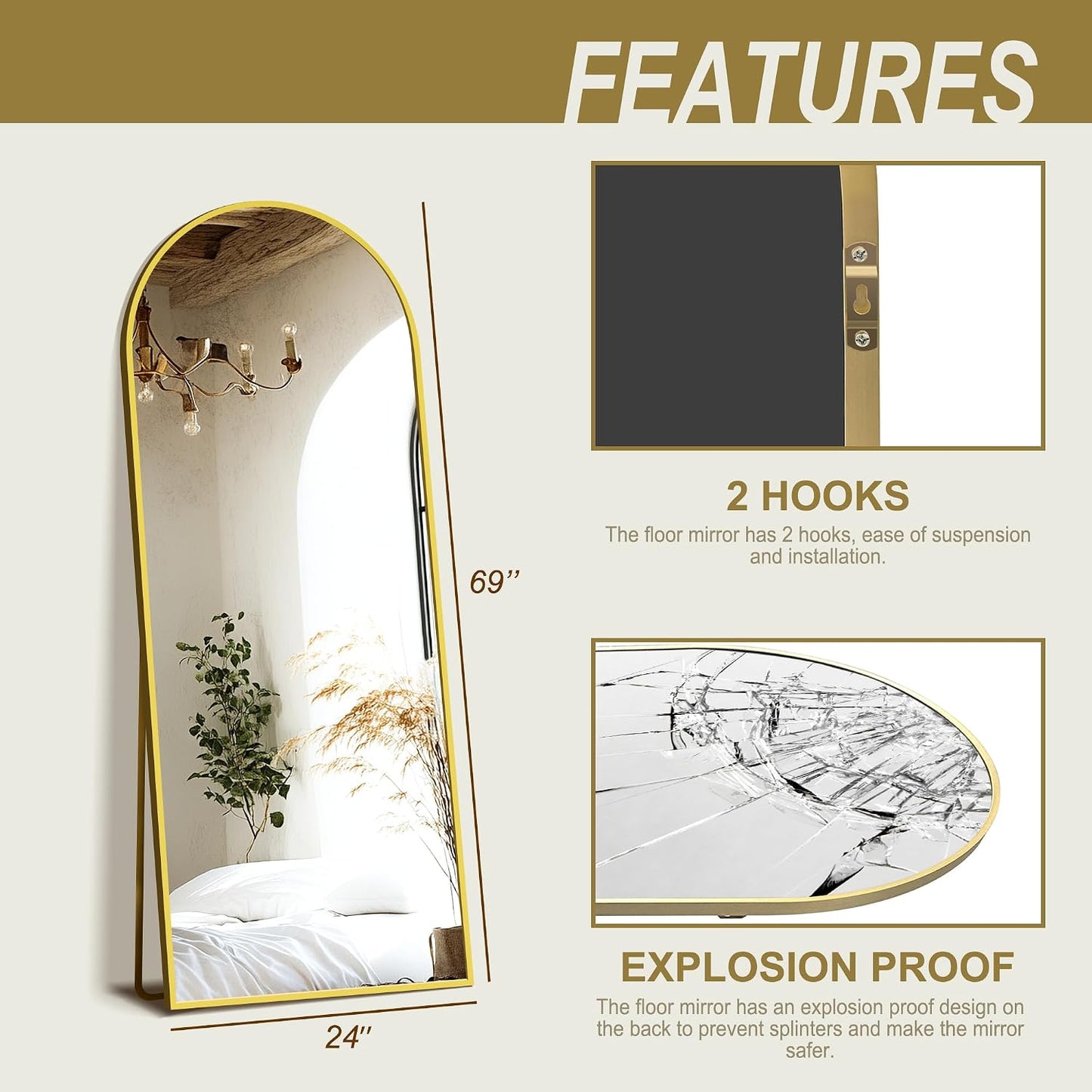 Delma Arched Mirror Full Length,Standing Mirror Full Body,Large Floor with Stand for Wall Entryway Door Bedroom Bathroom Living Room