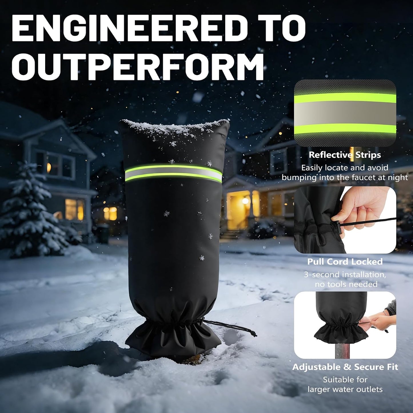 Outdoor Faucet Covers for Winter, 13" W x 25.6" H faucet covers with 420D Waterproof Oxford Fabric, Reflective Strips（1 Pcs, Black）