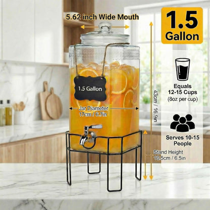 1.5 Gallon Glass Drink Dispenser, Drink Dispensers for Parties, Beverage Dispenser with Stand and Glass Lid, 100% Leakproof Spigot, Ideal for Lemonade, Juice, Iced Tea, Laundry Detergent