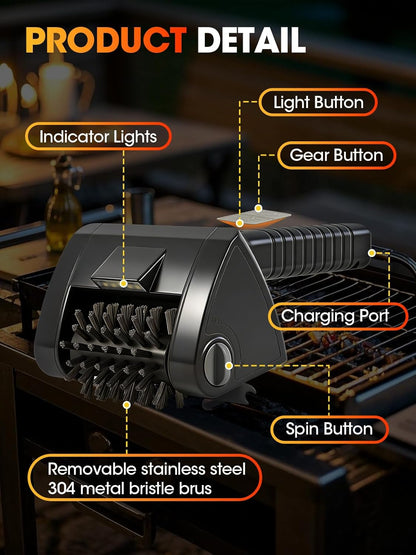 Electric Grill Brush, Built-in LED BBQ Cleaner with 29W High Torque Motor, 2-speed Hard Scrubbing Cordless Grill Cleaner, 4000mAh Rechargable, Removable Dishwasher Safe 304 Stainless Steel Brush Head