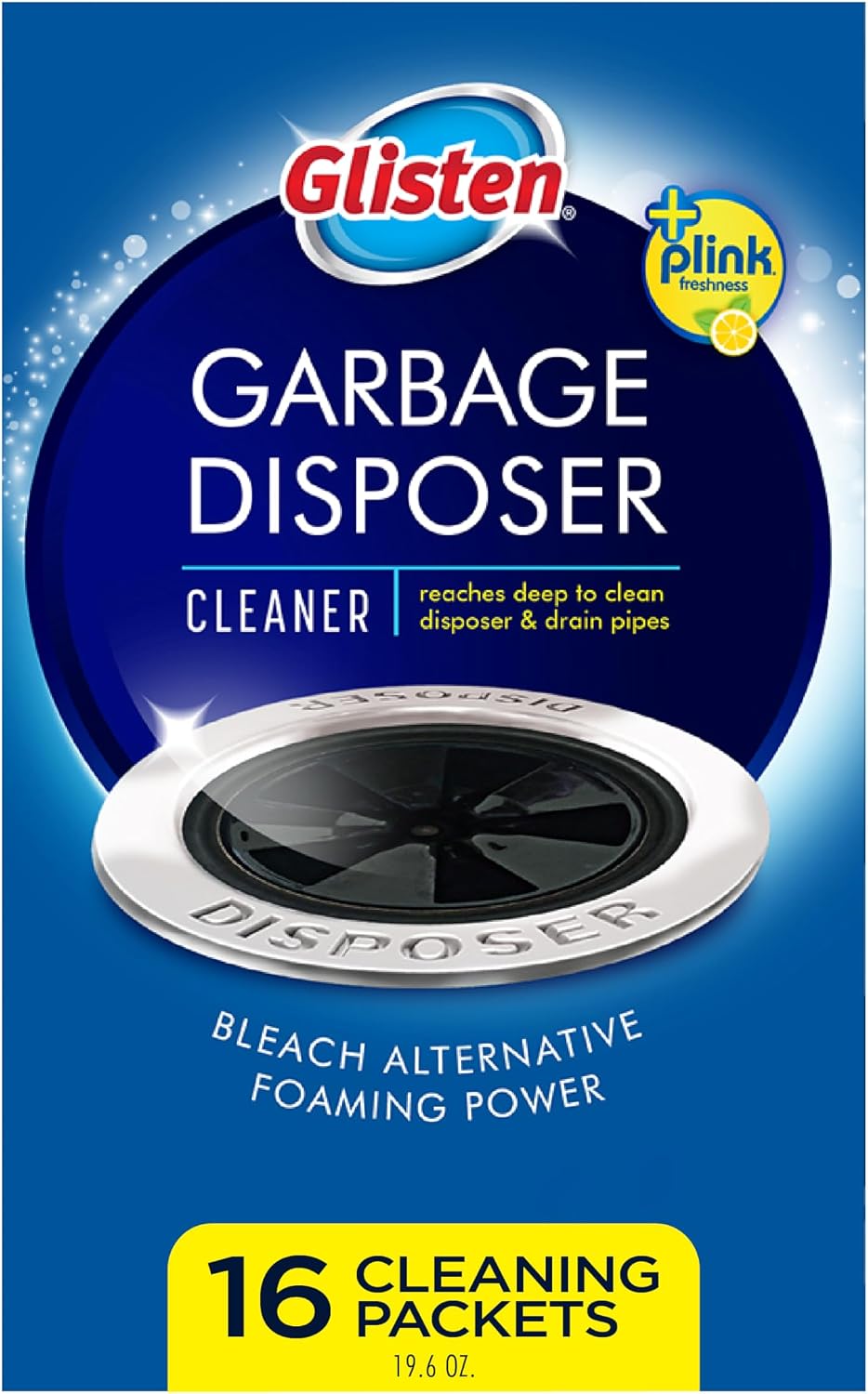 Glisten Garbage Disposer Cleaner and Freshener with Foaming Action, Helps Remove Buildup in Drains, Lemon Scent, Made in the USA, 16 Packets (Packaging May Vary)