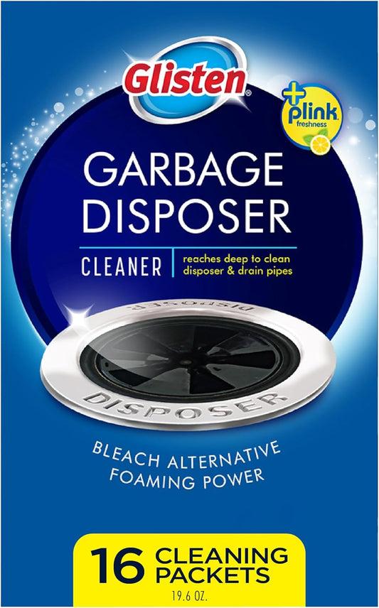 Glisten Garbage Disposer Cleaner and Freshener with Foaming Action, Helps Remove Buildup in Drains, Lemon Scent, Made in the USA, 16 Packets (Packaging May Vary)
