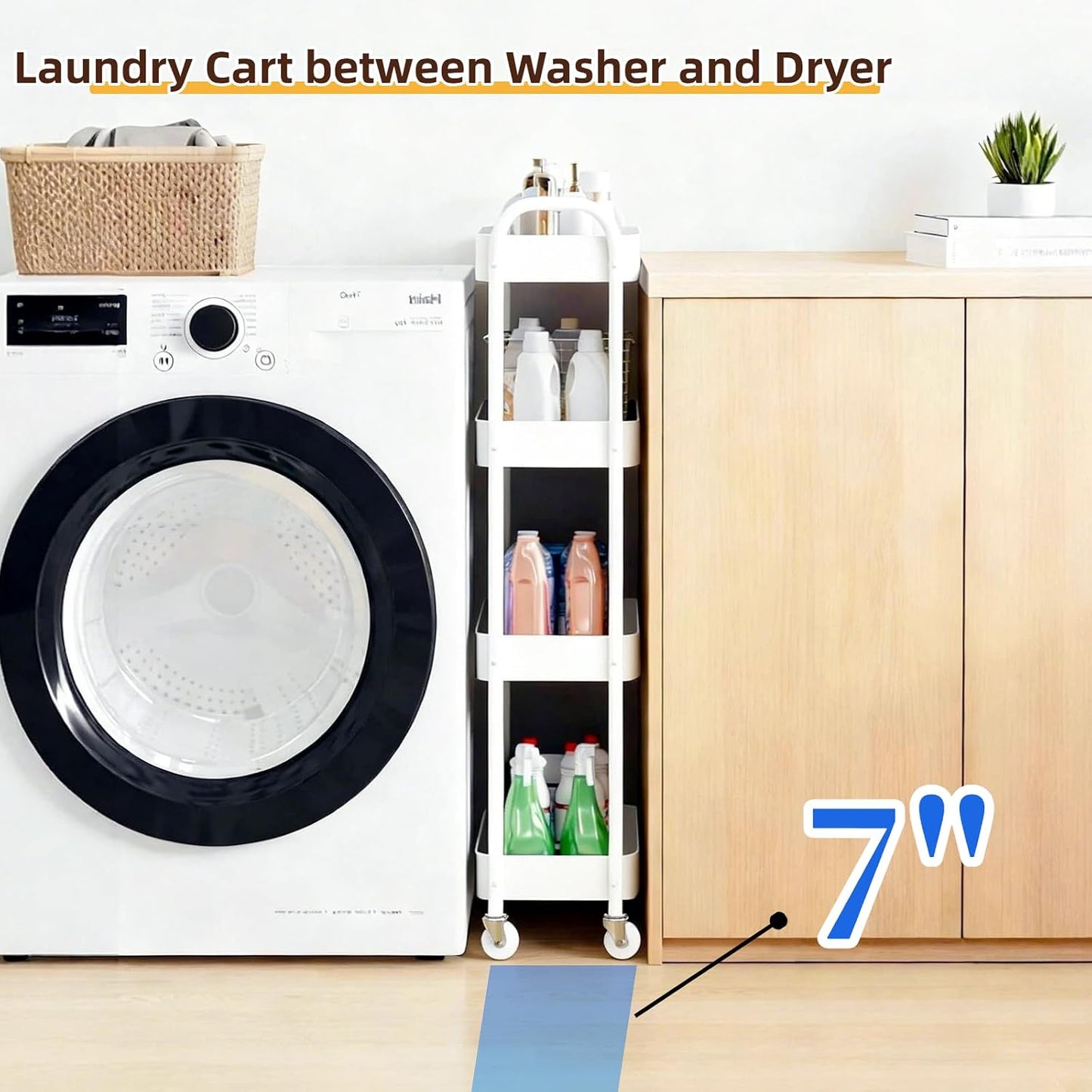 3 Tier Slim Metal Rolling Storage Cart for Laundry Room & Kitchen Organizer, 7.1'' Thin Standing Shelf for Narrow Spaces, Utility Cart with Wheels & Lockable Casters for Bathroom, Black