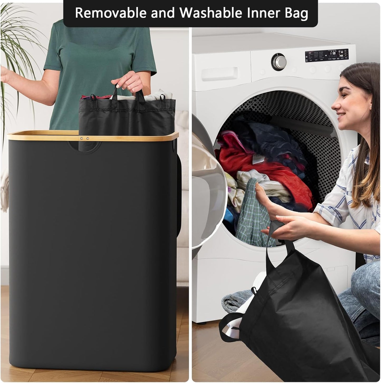 SpaceAid Double Laundry Hamper 2 Section with Lid and Removable Laundry Bags, 160L Clothes Basket with Bamboo Handles, Large Collapsible Hamper for Bedroom, Bathroom, Dorm, Laundry Room - White