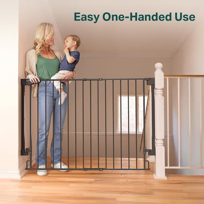 Cumbor 29.2–43" Baby Gate for Stairs, Hardware Mounted (Drill Required), Expandable No Bottom Bar Dog Gate, Auto Close Extra Wide Walk Thru, Pet & Toddler Proof Gate, Top & Bottom of Stairways (White)