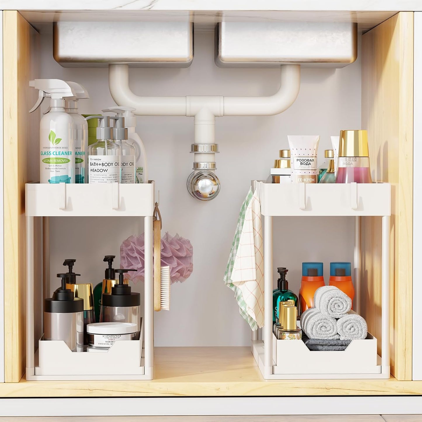 Simple Trending Under Sink Organizer 2 Pack, Sink Pull-Out Sliding Storage Cabinet, 2-Tier Under Shelf Organizer for Kitchen Bathroom, Black