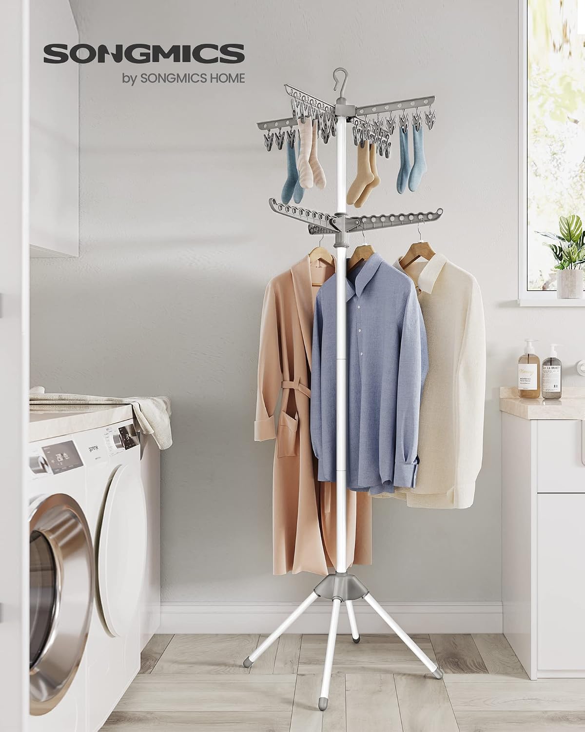 SONGMICS 2-Tier Clothes Drying Rack, 72-Inch Folding Laundry Drying Rack with 3 Rotatable Arms for Hangers, 24 Clips, Stainless Steel, for 27 Pieces of Clothes, Blue and Silver ULLR512Q01