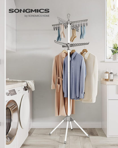 SONGMICS 2-Tier Clothes Drying Rack, 72-Inch Folding Laundry Drying Rack with 3 Rotatable Arms for Hangers, 24 Clips, Stainless Steel, for 27 Pieces of Clothes, Blue and Silver ULLR512Q01