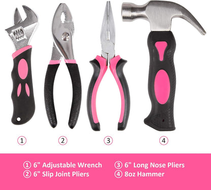 CARTMAN 52-Piece Pink Hand Tool Set, Home Repair Kit With Round Carry Pouch | Compact pink hand tool assortment for home repairs, DIY projects, apartment fixes, office needs, and everyday tasks in pouch.