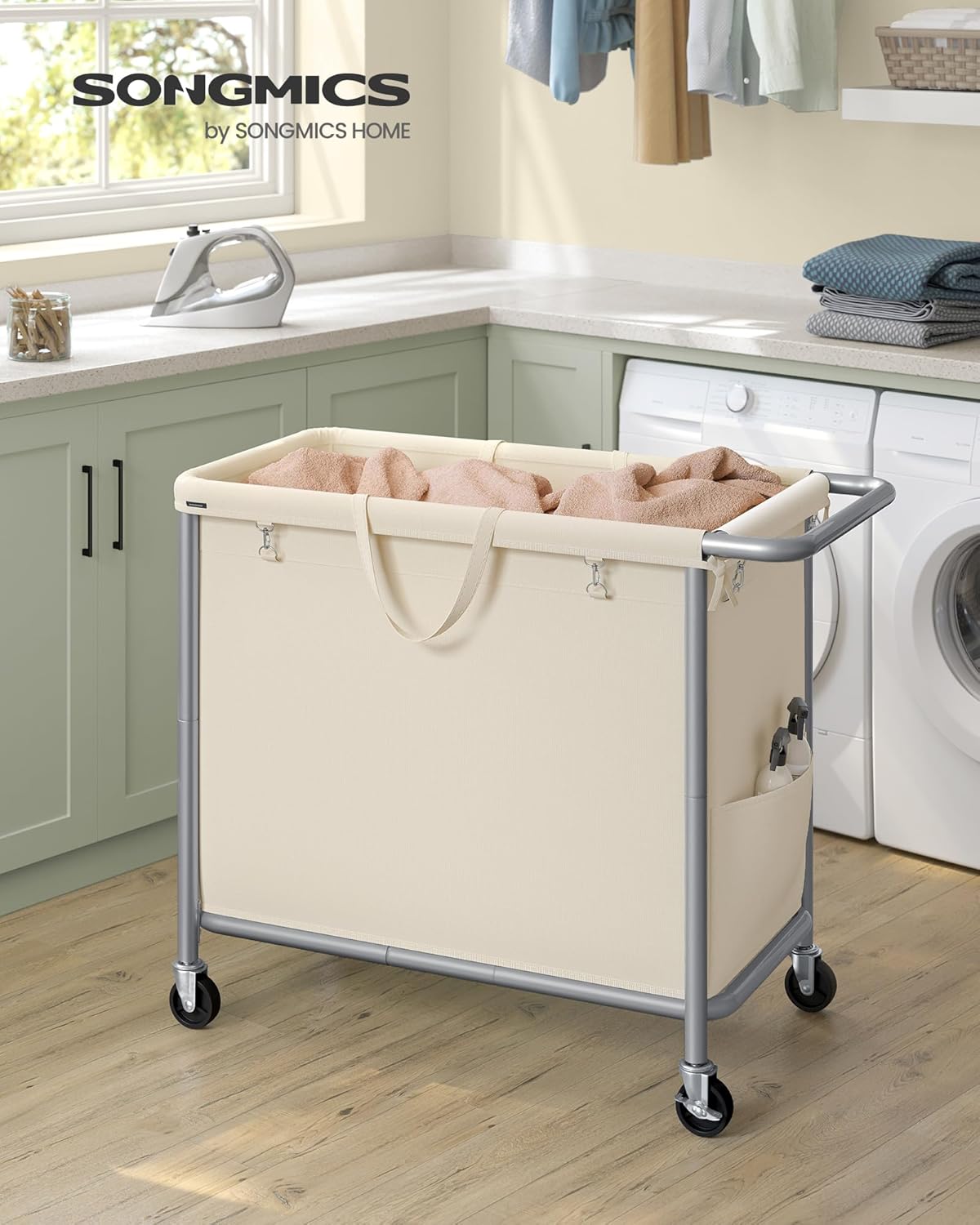 SONGMICS Laundry Basket with Wheels, 3-Section Rolling Laundry Hamper, 52.8 Gallons (200 L), Removable Liner, Steel Frame with Handle, 35.8 x 15.4 x 31.9 Inches, Cream White URLS005W01