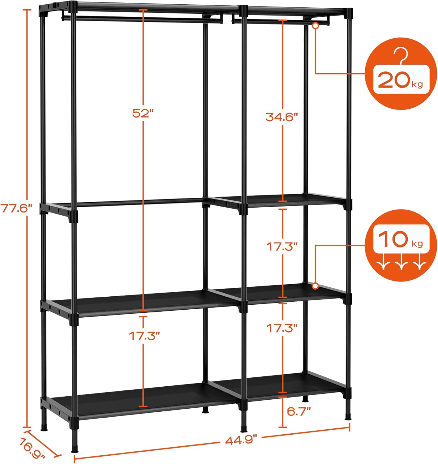 CASAMAYA Clothes Rack, Portable Closet, 80.7 Inch Extra Large Capacity Wardrobe Closet, Clothes Storage Organizer with Shelves and 5 Hanging Rods, Easy to Assembly, Black PCT036B01