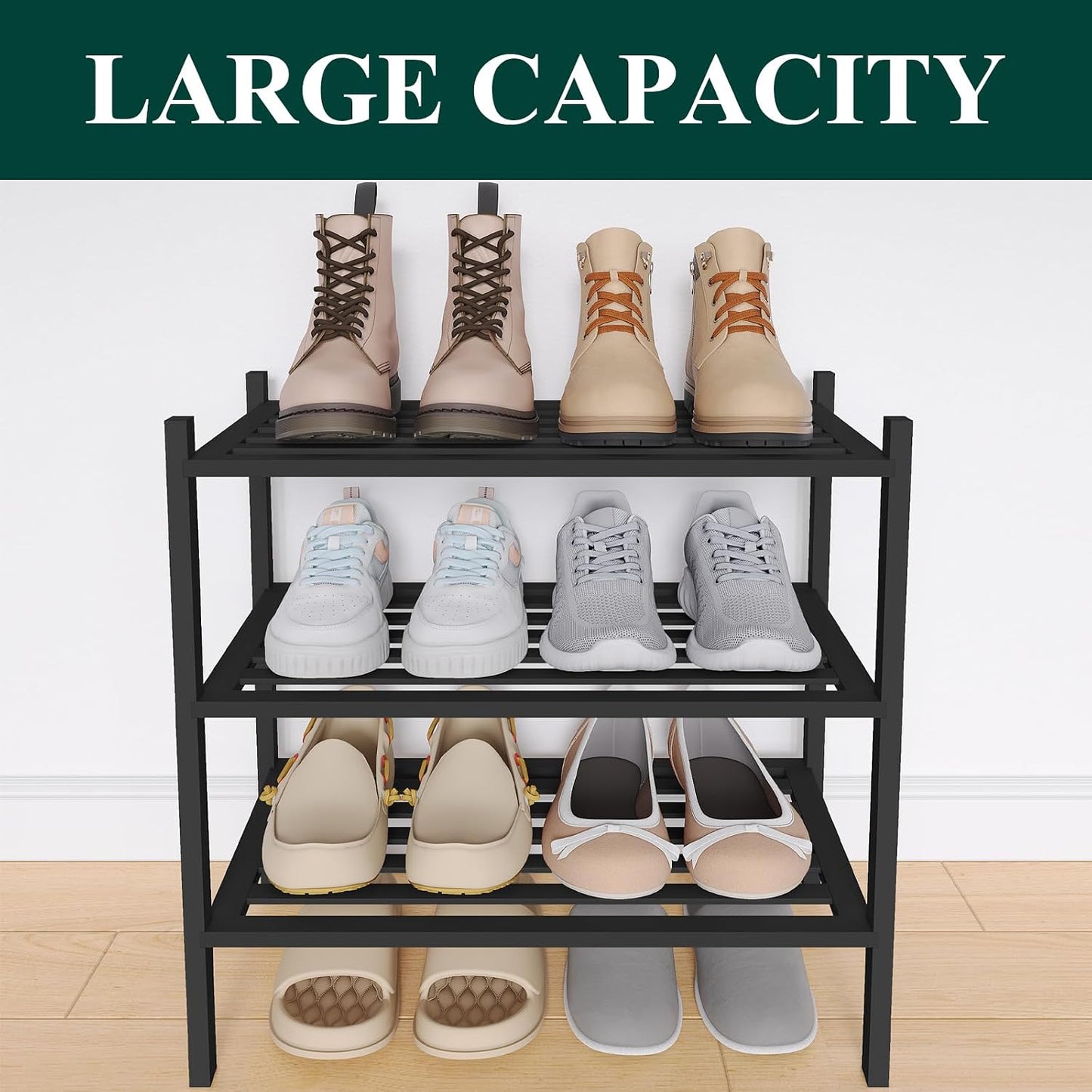 Smiry Bamboo Shoe Rack, 3 Tier Free Standing Wooden Shoe Organizer, Stackable Wood Shoe Storage Shelf for Closet, Entryway, 5 Horizontal Slats, 26.8"x11"x18.3", Natural