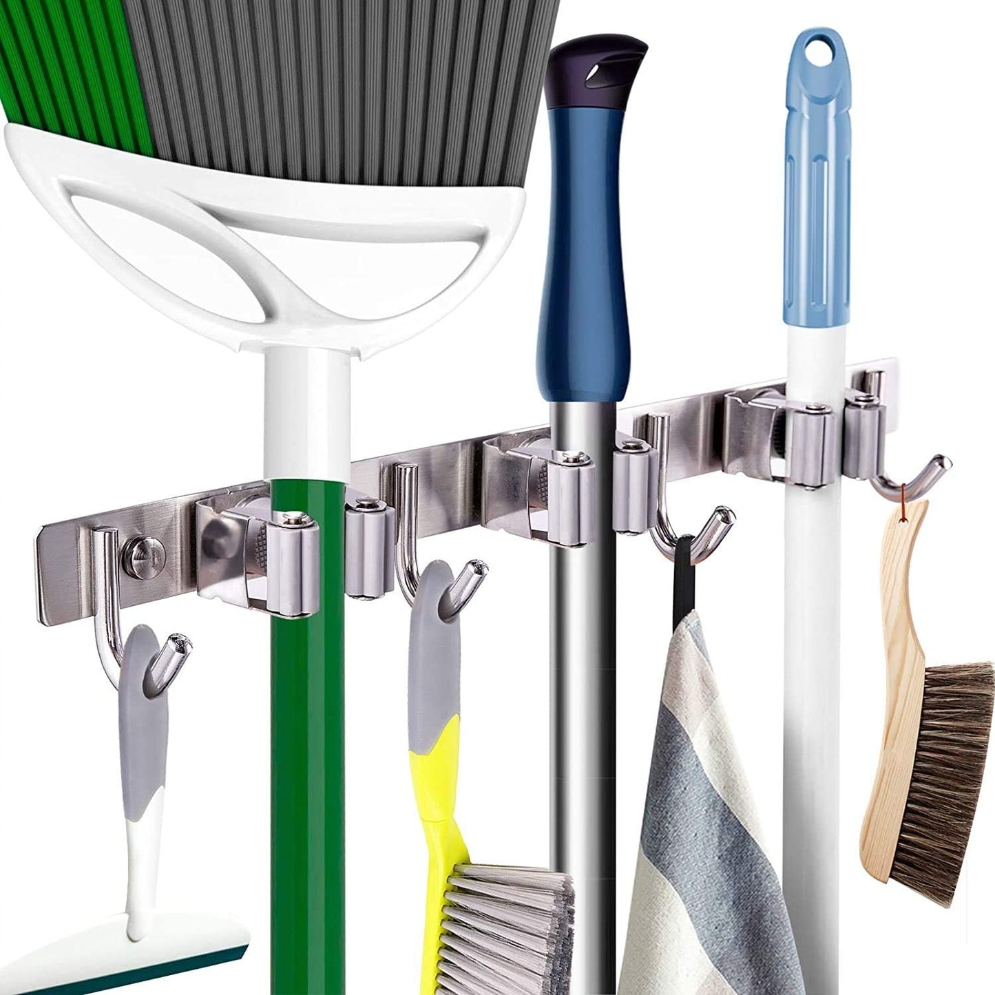 Broom Mop Holder Wall Mount Broom Hanger Wall Mounted Metal Organization Garage Storage Garden Kitchen Tool Organizer With 4 Racks and 5 Hooks (Silver, 1 Pack 3R4H)…