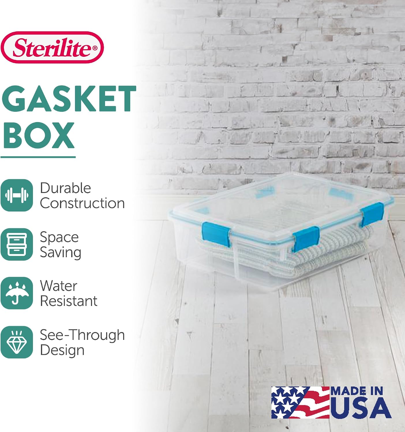 Sterilite 4-Pack Gasket Box, Home Storage Organizer Bins with Lids, 37 Quart – Stackable Clear Plastic Containers for Bedroom, Bathroom, Garage, Basement, or Attic