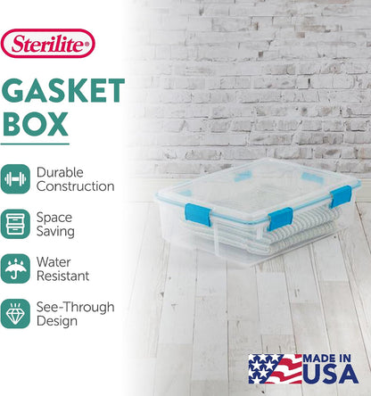 Sterilite 4-Pack Gasket Box, Home Storage Organizer Bins with Lids, 37 Quart – Stackable Clear Plastic Containers for Bedroom, Bathroom, Garage, Basement, or Attic
