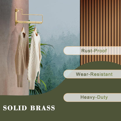 NEWRAIN Folding Wall Mounted Clothes Hanger Rack Clothes Hook Solid Brass with Swing Arm Holder Clothing Hanging System Closet Storage Organizer Heavy Duty Drying Rack Wall Mount,Brushed Gold