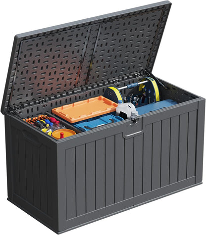 Patiowell 100 Gallon Resin Deck Box, Waterproof Large Outdoor Storage Box for Patio Furniture and Garden Tools, Black