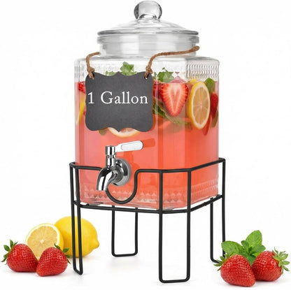 1.5 Gallon Glass Drink Dispenser, Drink Dispensers for Parties, Beverage Dispenser with Stand and Glass Lid, 100% Leakproof Spigot, Ideal for Lemonade, Juice, Iced Tea, Laundry Detergent