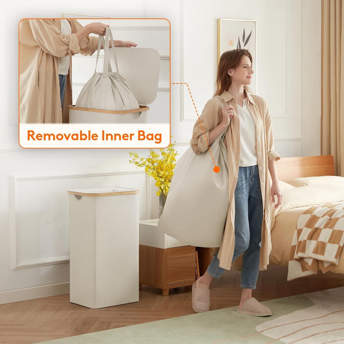 Lifewit 120L Laundry Basket with Lid, Clothes Hampers for Laundry with Bamboo Handles and 2 Removable Bag, Large Foldable Laundry Hamper for Bedroom, Bathroom, Dorm, Laundry Room, Beige