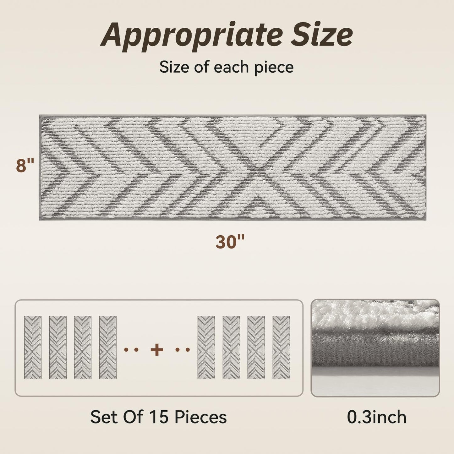 PADOOR Stair Treads Non Slip 15 PCS, 3D Peel and Stick Stair Treads for Wooden Steps Indoor, Residue-Free Adhesive Stair Runner for Kids, Elders & Pets, Washable Carpet for Stairs,8"x30",Brown