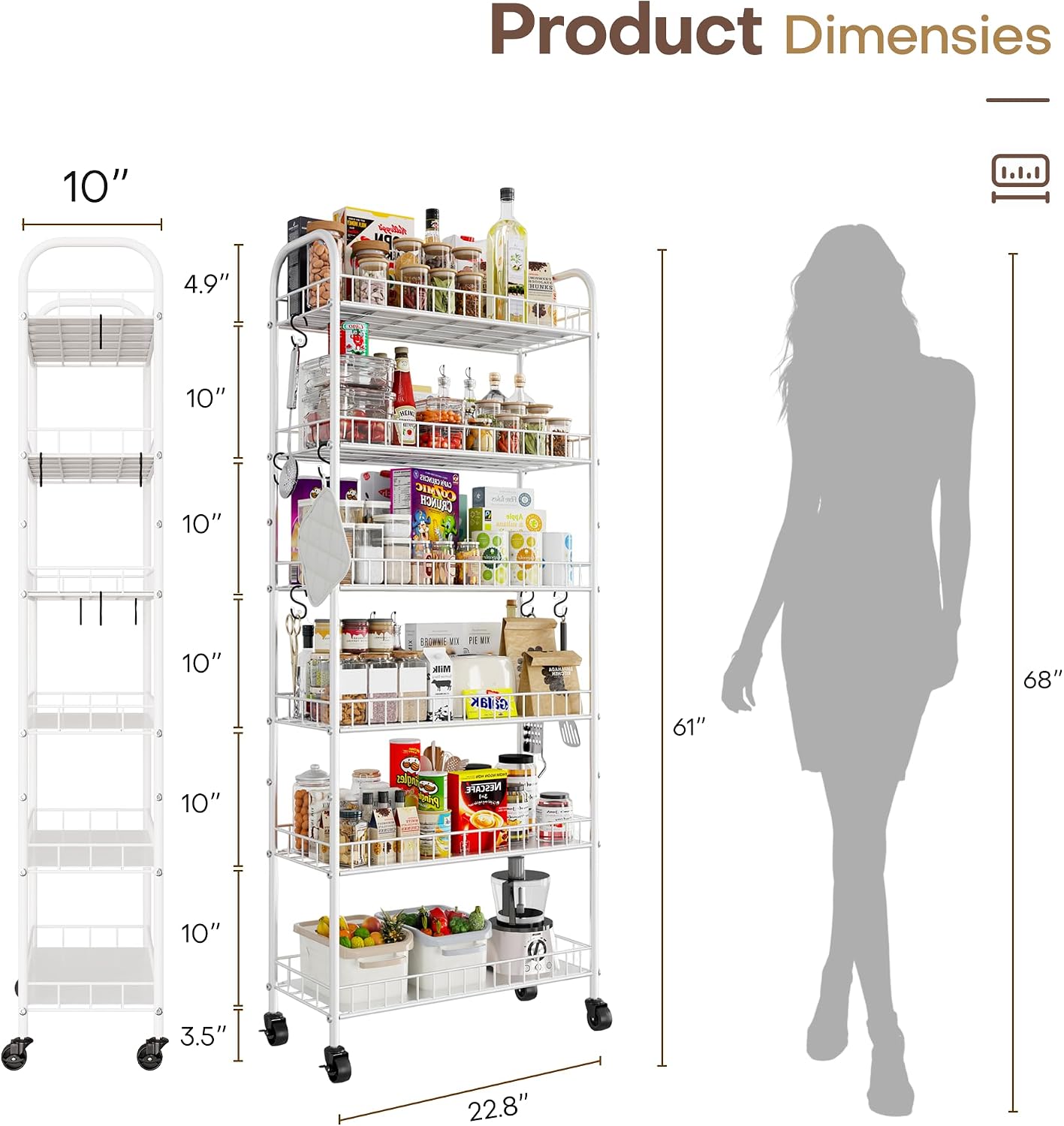 Slim Rolling Storage Cart with Wheels, Metal 6 Tier Spice Rack Mobile Shelving Unit Organizer Kitchen Utility Cart for Office Bathroom Kitchen Laundry Room Narrow Places (6inches)