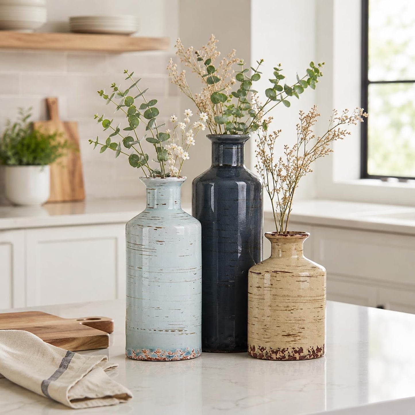 Ceramic Vase Set of 3 – Small Flower Vases, Modern Farmhouse Boho Flower Vases for Home Decor, Rustic Pottery Vases for Centerpieces, Living Room, Shelf, Fireplace, Entryway Decor, Table or Cabinet