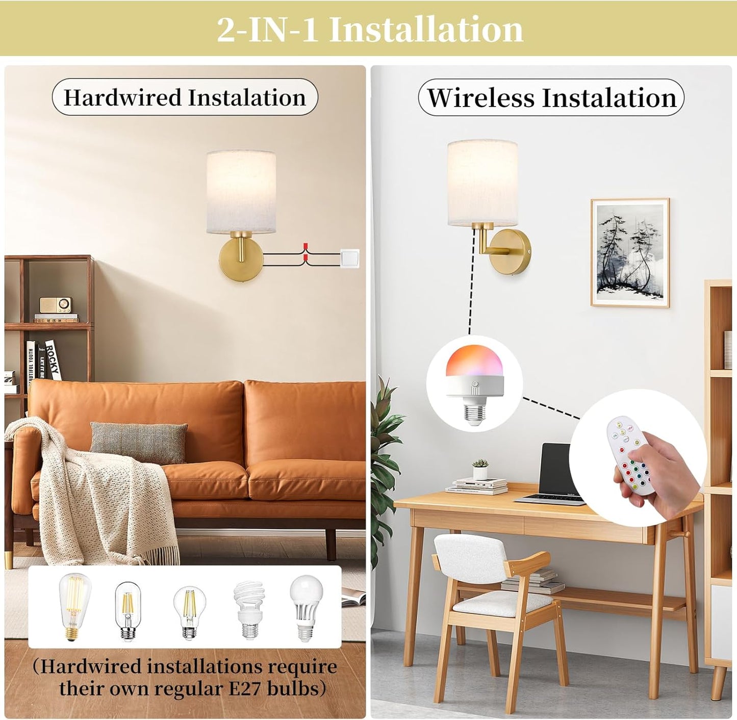 Wireless Wall Sconce Set of 2,Battery Operated Wall Lights with Remote Control,Rechargeable Wall Sconces with LED Bulb,15 Colours Dimmable Wall Lamp for Bedroom Living Room Hallway