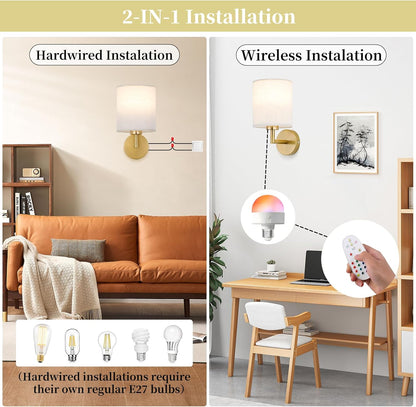 Wireless Wall Sconce Set of 2,Battery Operated Wall Lights with Remote Control,Rechargeable Wall Sconces with LED Bulb,15 Colours Dimmable Wall Lamp for Bedroom Living Room Hallway