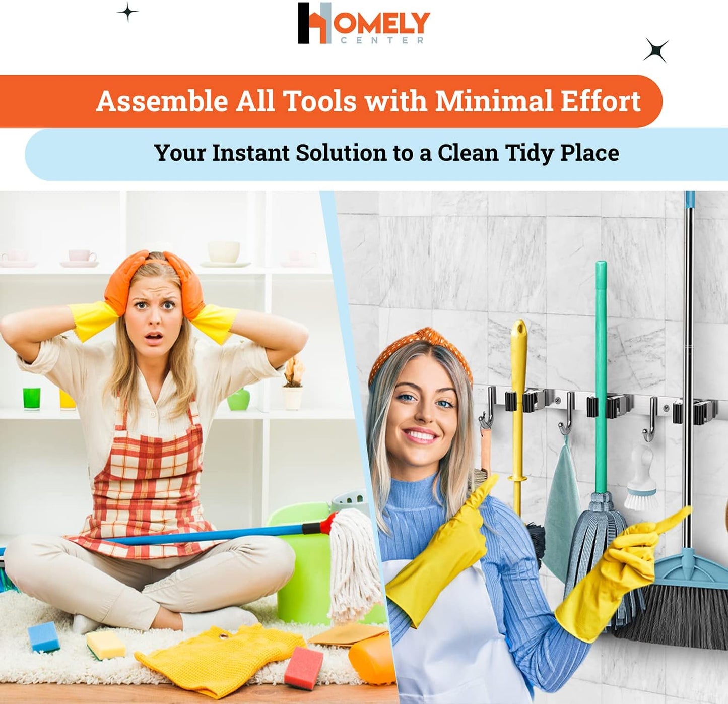 Homely Center Mop and Broom Holder Wall Mount – Heavy-Duty Closet Organizer for Garage, Kitchen, Laundry Organization – Tool Hanger with 3 racks and 4 hooks