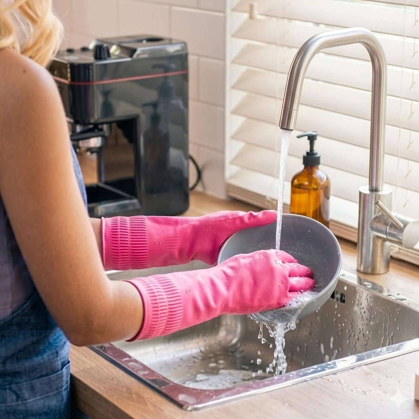 Rubber Dishwashing Gloves, 3 Pairs, Reusable Cleaning Dish Gloves for Kitchen, Non-Slip, Waterproof Dish Washing, Long Cuff for Woman (Red+Pink+Green, Medium)