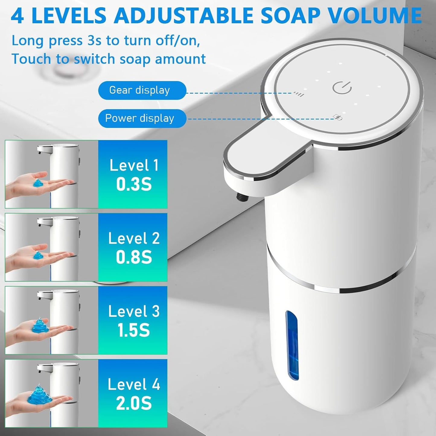 Automatic Soap Dispenser Touchless, USB Rechargeable Automatic Foaming Soap Dispenser, 12.8oz/380mL, 4 Level Adjustable, 1500mAh Smart Wall Mounted for Bathroom Kitchen Dish/Hand Soap
