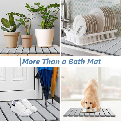 AWW Foldable Stone Bath Mat, Quick Dry Diatomaceous Earth Bath Mat with Non-Slip Mat, Super Absorbent, Easy to Clean, Compact for Small Bathrooms, 23.6 x 15.5, Grey