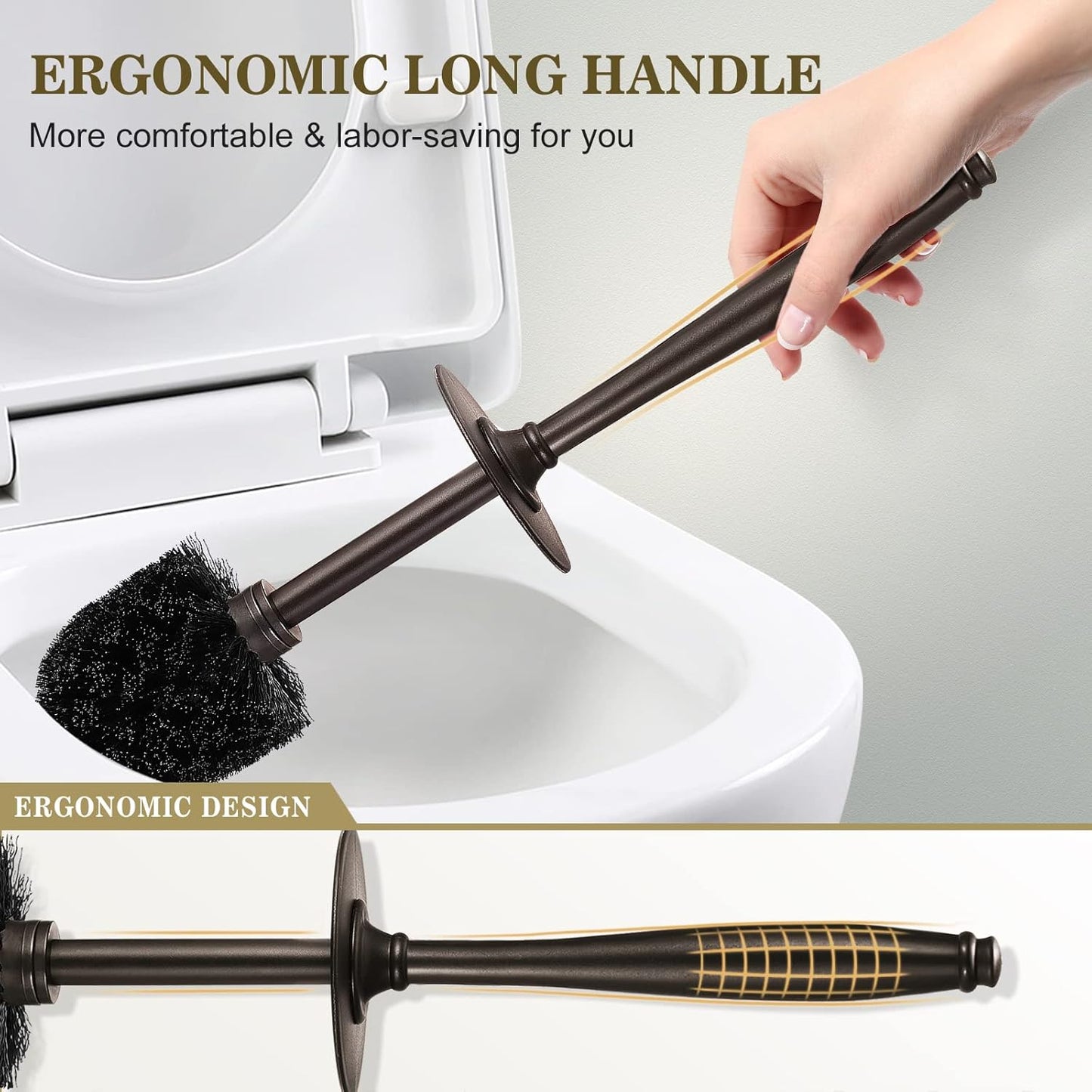 HAMITOR Toilet Bowl Brush Holder Set: 2 Pack Modern Deep Cleaning Bathroom Toilet Scrubber with Caddy for rv - Rim Decorative Accessories Cleaner Brushes for Toilet - Bronze1