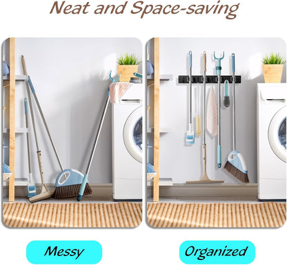 OUTNILI Mop and Broom Holder Wall Mount - Wood Broom Mop Hanger - Wall Mounted Garden Tool Rack Organizer for Closet Garage Laundry Room for Rustic Kitchen Decor With 5 Slots & 4 Hooks