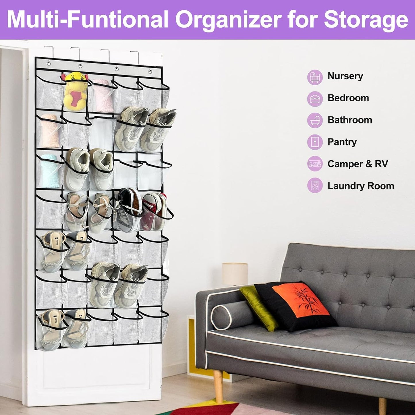 homyfort Over the Door Shoe Organizer, Hanging Shoe Rack Storage Holder with 24 Large Pockets for Closet Door, Men Women Kids Shoes, Cruise (Black)
