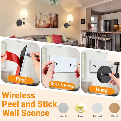Nekhung Battery Operated Wall Sconces Set of Two, Wireless Battery Wall Light with 10000mAh RGB Dimmable Magnetic Bulb and Remote, Rechargeable Sconce Wall Decor for Bedroom Living Room Hallway
