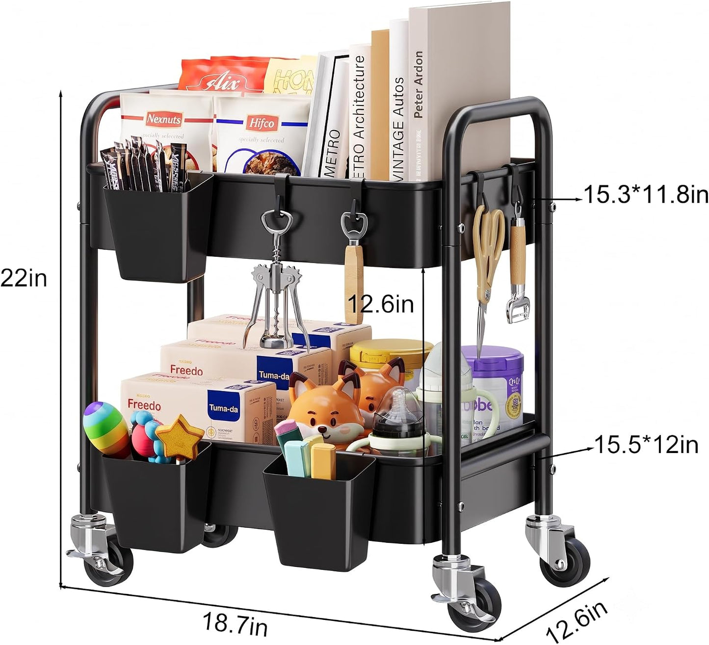 2 Tier Small Rolling Cart Metal with Wheels, White Under Desk Storage Cart on Wheels, Short Utility Roller Caddy Carts Organizer for Art,Craft,Pantry,Bathroom, Two Tiered Shelf Trolley,22 Inches Tall