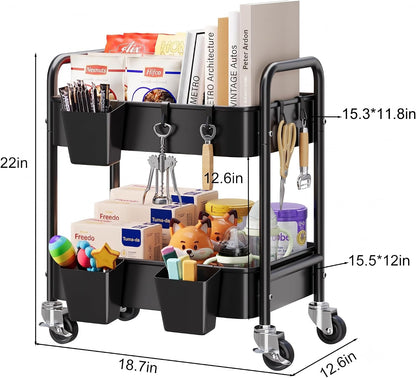 2 Tier Small Rolling Cart Metal with Wheels, White Under Desk Storage Cart on Wheels, Short Utility Roller Caddy Carts Organizer for Art,Craft,Pantry,Bathroom, Two Tiered Shelf Trolley,22 Inches Tall