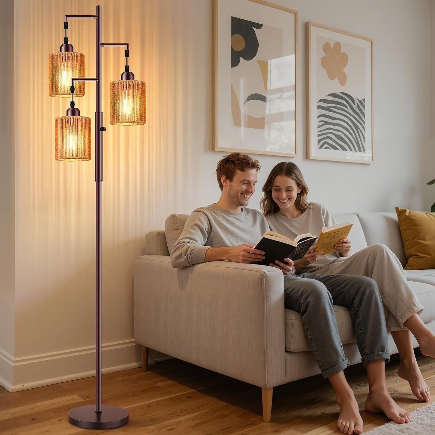 Hotsonic 72" Tall Boho Rattan Style Floor Lamp with Hand-Woven Paper Cord Shade, Dimmable Industrial Tree Standing Lamp for Living Room, Bedroom, Study Room, Office (3 x 800LM Bulbs Included) - Black