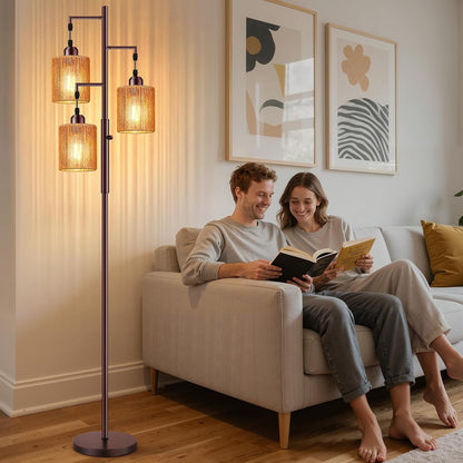 Hotsonic 72" Tall Boho Rattan Style Floor Lamp with Hand-Woven Paper Cord Shade, Dimmable Industrial Tree Standing Lamp for Living Room, Bedroom, Study Room, Office (3 x 800LM Bulbs Included) - Black